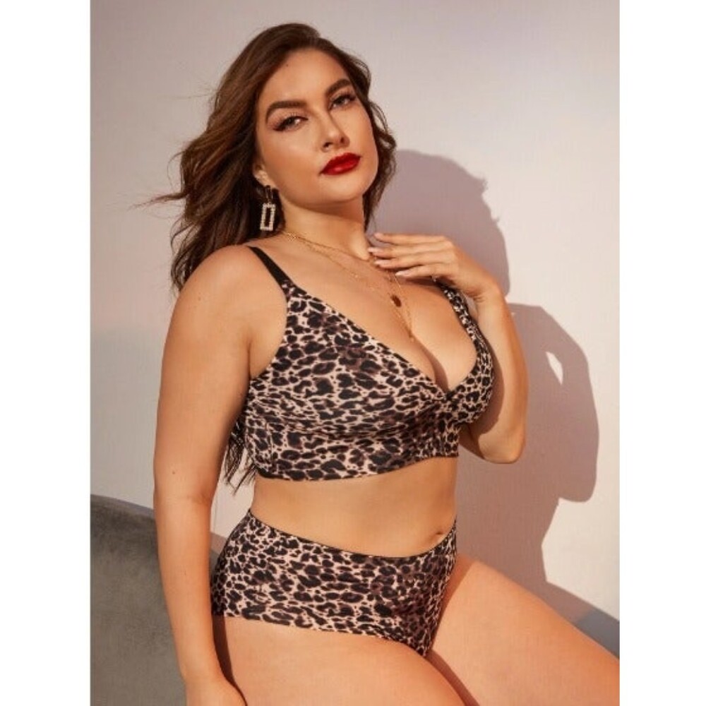1XL Plus Size High Stretch Leopard 2 piece Lingerie Set